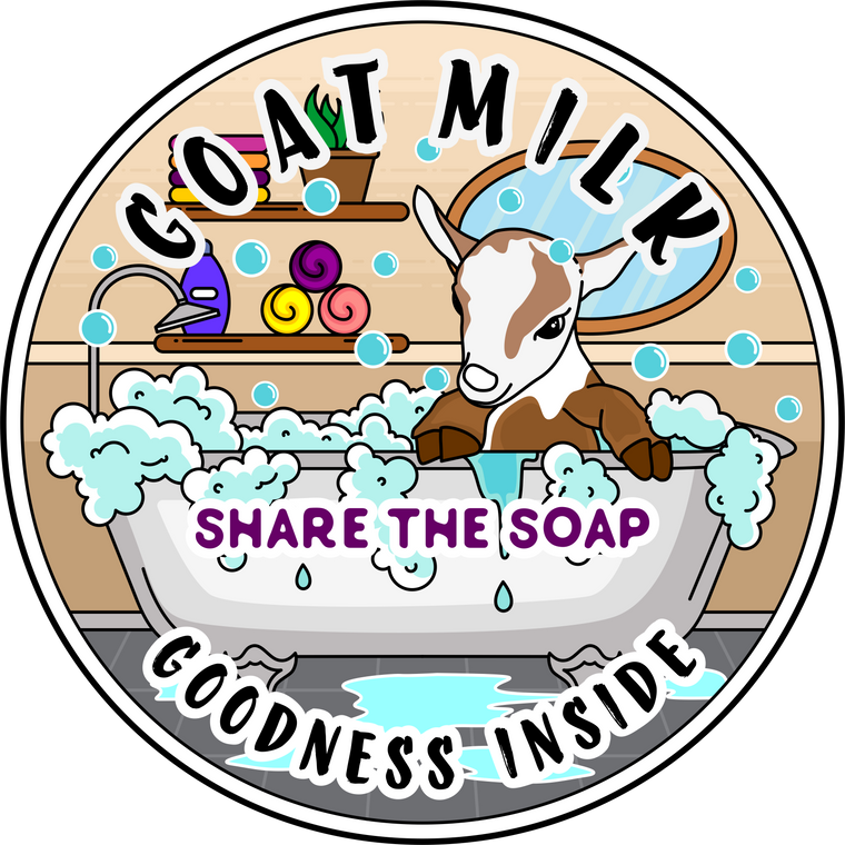 cartoon goat sitting in a tub that has share the soap written  of bubbles with the words share the soap on the side. Above the goat is a sign that says Goat Milk and at the bottom letters that say goodness inside. This is a logo for share the soap dot com